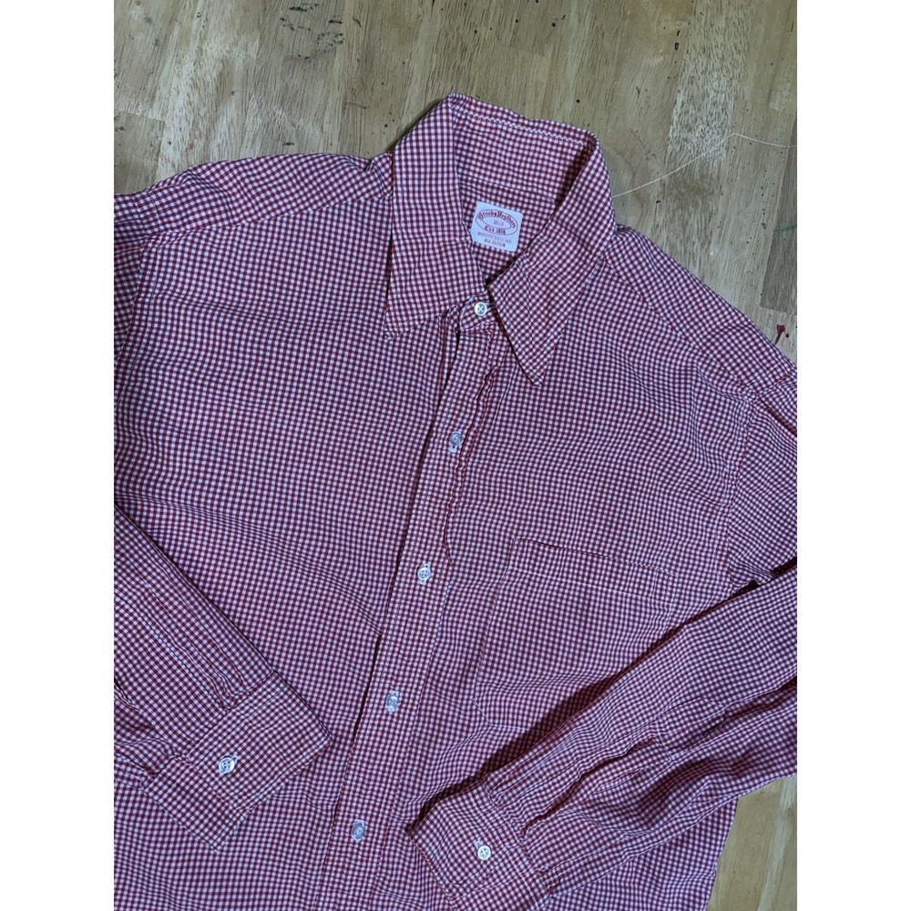 Vintage Brooks Brothers Shirt Mens 16.5 Red White Gingham Cotton Long Sleeve